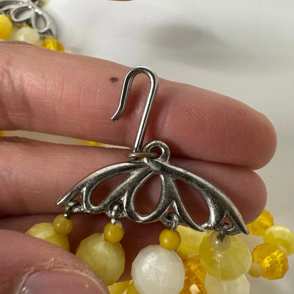 Vintage Yellow Beaded‎ Four Strand Statement Necklace Plastic Layered Sunny Mod